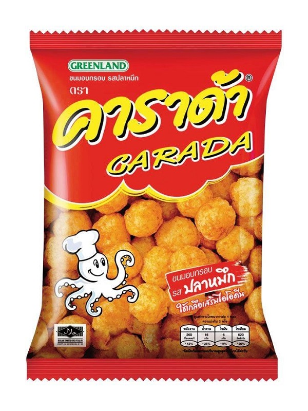 Snack di riso e mais Carada gusto calamaro - Greenland 62g. Snack di riso e mais Carada gusto calamaro - Greenland 62g.